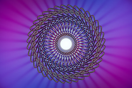Illustration of a 3d neon wheel of an unusual shape made of metal in pink and blue colors. Sample of...