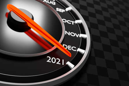 3D illustration close up black speedometer with cutoffs 2020,2021 and calendar months. The concept of the new year and Christmas in the automotive field. Counting months, time until the new yearの写真素材
