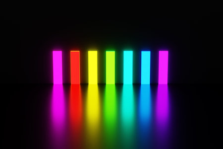 3d illustration rectangles of rainbow colors glow with bright light and reflect off the floor on...