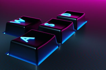 3D illustration keyboard buttons WASD with neon pink and blue light on black background. Computer...