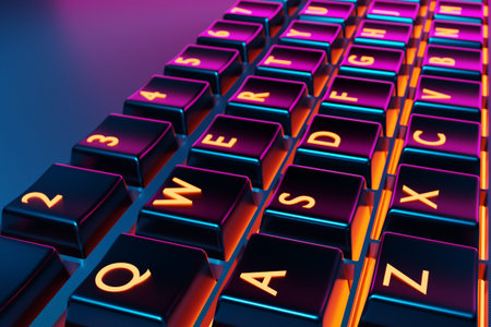 3d illustration, close up of the realistic computer or laptop keyboard with neon light. Gaming...