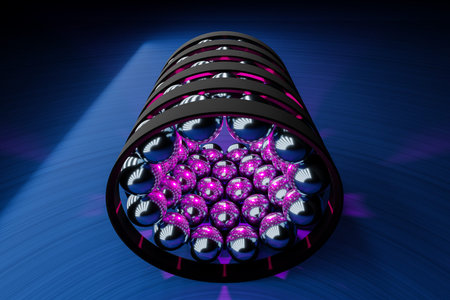 3D illustration steel bearings lined up under blue, pink and white light. Steel Ball Bearings shined...
