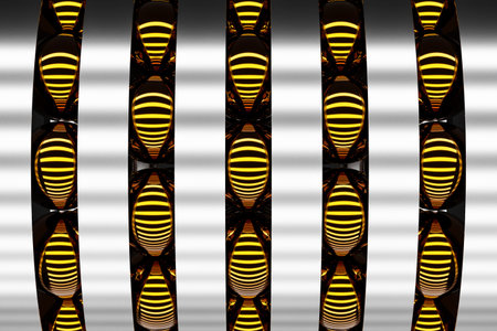 3D illustration steel bearings lined up under yellow light, side view. Steel Ball Bearings shined...
