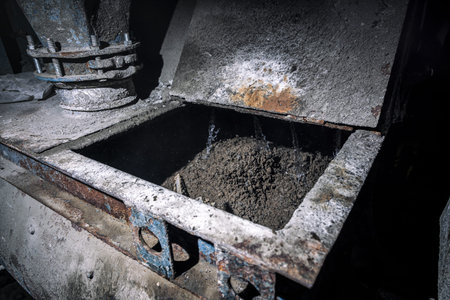 Concrete mixer with pouring cement at the construction site. Close up on concrete mixer, cement...