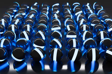3D illustration of a neon black with blue stripe on a black background. Cyber necklace in virtual reality. Simple geometric shapesの写真素材