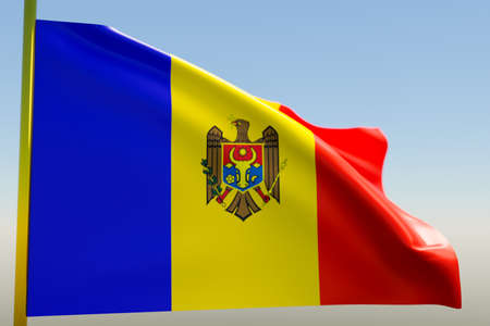 3D illustration of the national flag of Moldova on a metal flagpole fluttering against the blue sky.Country symbol.の写真素材