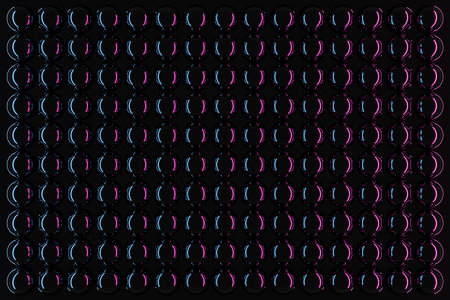 3D illustration of a neon black balls on the pink and blue lights on a black background. Cyber...