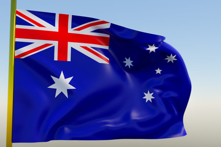 3D illustration of the national flag of Australia on a metal flagpole fluttering against the blue...