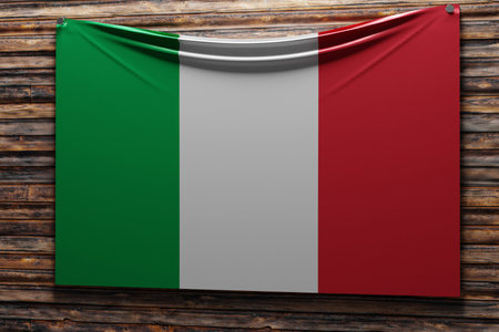 3D illustration of the national fabric flag of Italy nailed on a wooden wall .Country symbol.