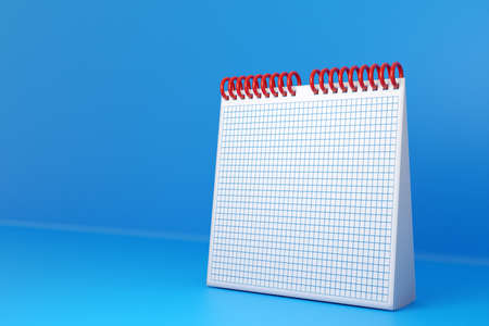 3D ilustration empty desk calendar, loose-leaf notebook on blue table on monocrome background. Mockup design concept. 3D renderingの写真素材