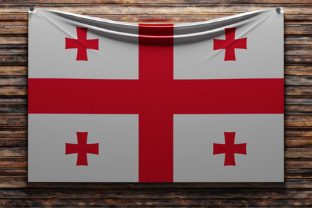 3D illustration of the national fabric flag of Georgia nailed on a wooden wall .Country symbol.の写真素材