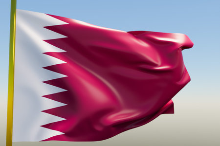 3D illustration of the national flag of Qatar on a metal flagpole fluttering against the blue...