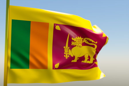 3D illustration of the national flag of Sri Lanka on a metal flagpole fluttering against the blue sky.Country symbol.の写真素材