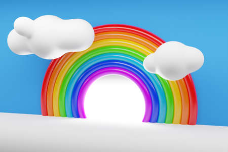 3d illustration of a rainbow round arch with clouds on a white background. Portal of long inflatable colorful balls to the magical landの写真素材