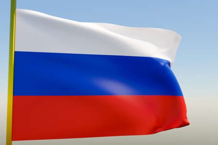 3D illustration of the national flag of Russia on a metal flagpole fluttering against the blue sky.Country symbol.の写真素材