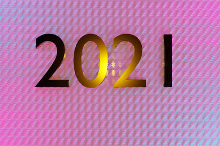 3D illustration inscription 2021 from gold neon lines on a pink metallic background. Illustration of the symbol of the new year.の写真素材