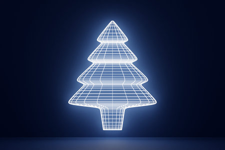 3D illustration of a coniferous tree made of bright white neon lines on a dark blue background....