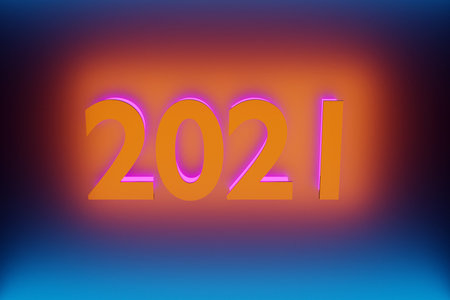 3D illustration inscription 2021 from orange and blue neon lines on a neon background. Illustration...