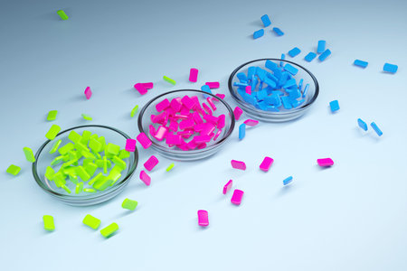 3d illustration of three small glass plates with multi-colored chewing gums on a light background. A...