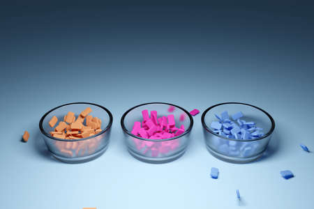 3d illustration of three small glass plates with multi-colored chewing gums on a light background. A treat for the kids. orange, blue and pink candies.の写真素材