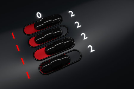 3d illustration of on and off toggle switch buttons with 1 and 2 lettering, start 2021 sign or...