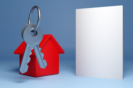3d illustration of a bunch of keys, a red new house - a new building and next to an empty field for advertising text. Concept and symbol of moving and buying new homeの写真素材