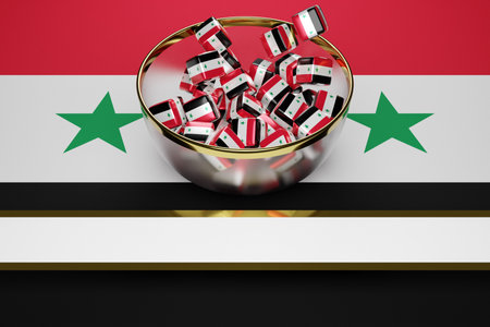 3D illustration in a beautiful transparent plate licks many identical cubes with the image of the national flag of Syria. The symbol of the country, the unity of the people.PLaying dice with flagの写真素材