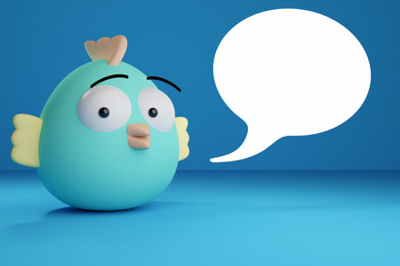 3D illustration funny blue oval-shaped chicken with short wings and surprised eyes looks at the camera and messages in the form of a cloud on a blue background. Illustration of dialogue, chat.の写真素材