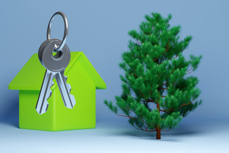 3d illustration of a bunch of keys, a red new house - a new building and beautiful green coniferous tree - spruce. Concept and symbol of moving and buying new homeの写真素材