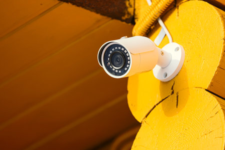 Security camera installed on the wall of an house. Security camera and private house in the backgroundの写真素材