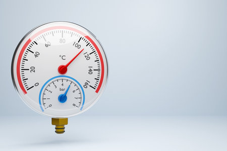 3d illustration of a round barometer with markings up to 160 on a white isolated backgroundの写真素材