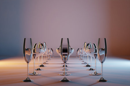 3d illustration glasses for champagne, whiskey, cognac, martini, small glasses shine beautifully and stand in even rows on a gray-brown isolated backgroundの写真素材