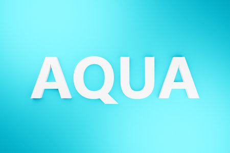3d illustration volumetric inscription in AQUA white letters on a bright purple gradient isolated background. Color water symbolの写真素材