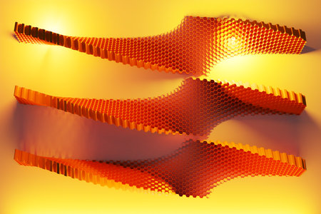 3D illustration of yellow honeycomb monochrome honeycomb for honey of an unusual shape. Simple...