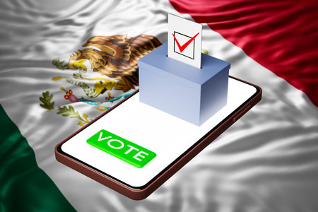 3d illustration of a voting box with a billboard standing on a smartphone, with the national flag of Mexico in the background. Online voting concept, digitalization of electionsの写真素材
