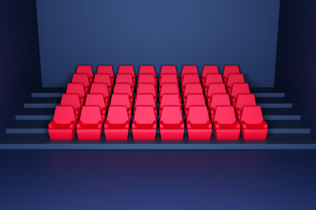 3D render the same rows of red cartoon soft chairs in the theater. Concept of a neon beautiful movie theater with chairsの写真素材