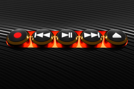 3d illustration of music switch button: start, next and previous song, stop and record on black...