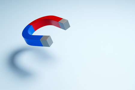 3d illustration classic magnet with red and blue ends in the form of a horseshoe flying in the air on a white isolated backgroundの写真素材