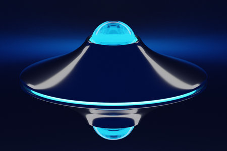 3d illustration of metal pendant lamp under blue light on black backgroundの写真素材