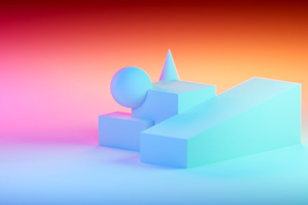3d classic still life with pink, orange and blue geometric volumetric shapes with shadow:...