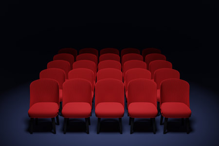 3D render the same rows of red cartoon soft chairs in the theater. Concept of a beautiful movie theater with chairsの写真素材