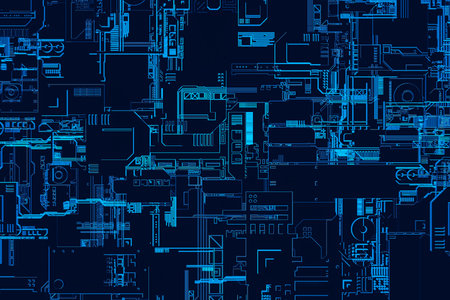 3d illustration of a pattern in the form of a metal, technological plating of a spaceship or a robot. Abstract Graphics in the style of computer games. Close up of the blue cyber armor on neon lightsの写真素材