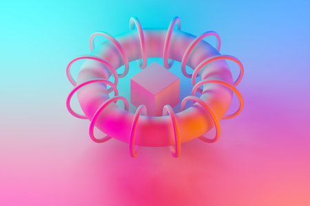 3d illustration of geometric volumetric shapes, a cube inside the arc with hoops with a shadow under...