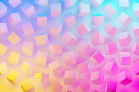 3d illustration of rows of white cubes under a blue-pink neon color. Parallelogram pattern....