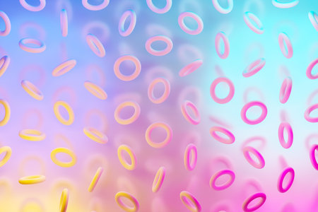 3d illustration of rows of white balls, hoopes under a blue-pink neon color. Shape pattern....