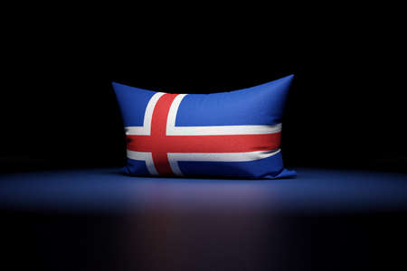 3d illustration of rectangular pillow depicting the national flag of Iceland under red light on black isolated backgroundの写真素材