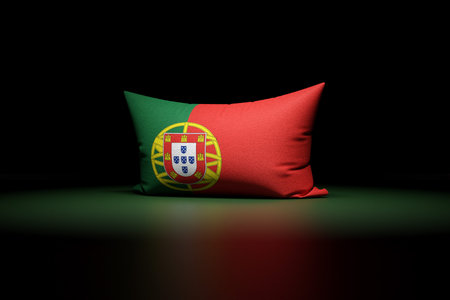 3d illustration of rectangular pillow depicting the national flag of Portugal under red light on...