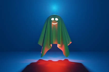 3d illustration of a kind ghost in a white sheet flies, glows from the inside on a blue background. Ghost for halluinの写真素材