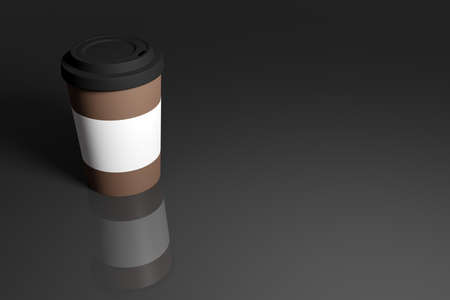 3d illustration of a coffee cup with a plastic lid and holder on an isolated dark background with reflection and shadow. Illustration of Disposable plastic and paper tableware for hot drinks. Mockup template for cafe, restaurant corporate identity design.の写真素材