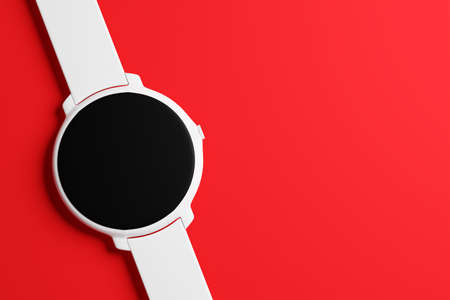 3d illustration white wrist watch with round black dial on red isolated backgroundの写真素材